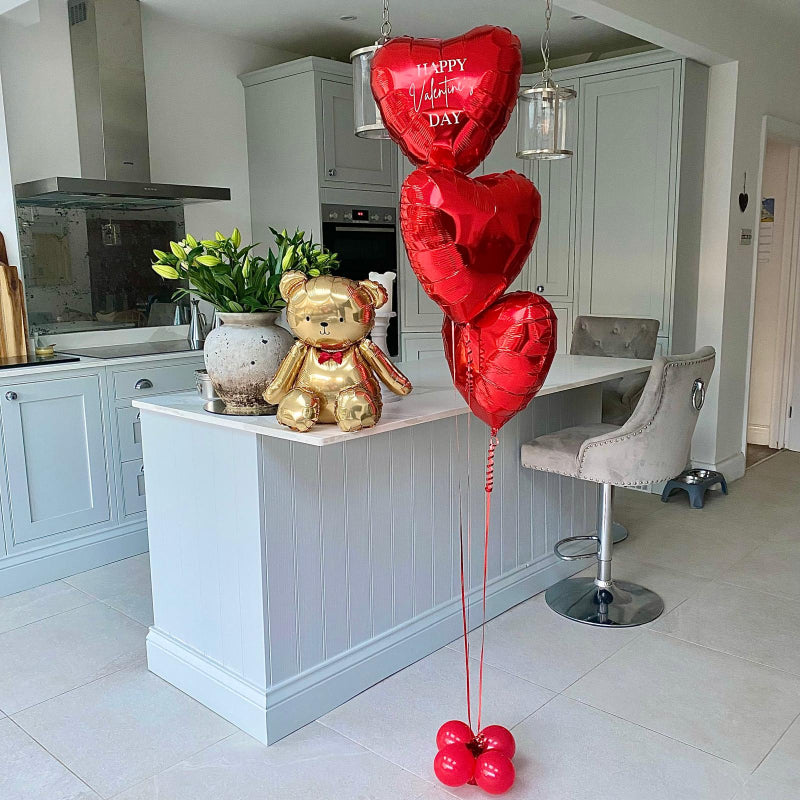 Teddy Bear & 1 Personalised Heart and 2 Plain Red Heart Helium Balloons I Valentine's Day Balloons 