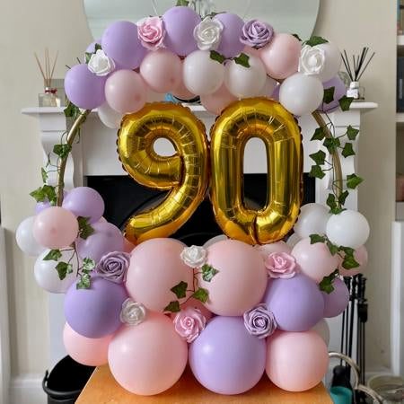 Lilac and Pink Tabletop Standing 90th Birthday Balloon Hoop I My Dream Party Shop Ruislip