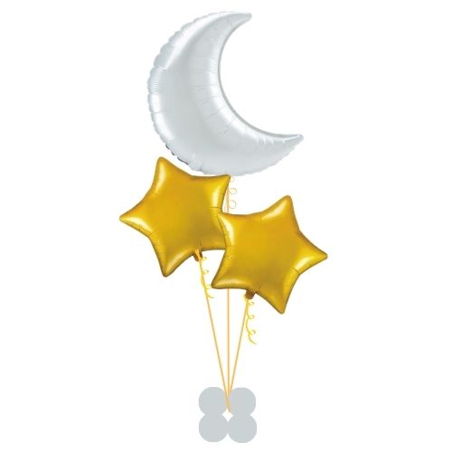 White Crescent Moon and 2 Gold Star Helium Balloon Bouquet I Eid Party Ruislip My Dream Party Shop