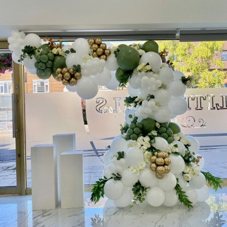 White, Gold and Eucalyptus Balloon Arch I My Dream Party Shop Ruislip