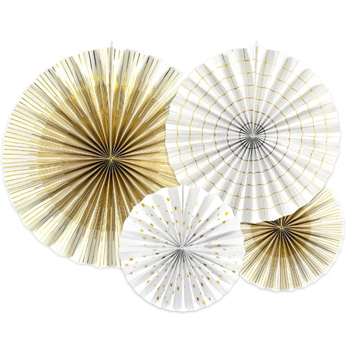 4 Pack White and Gold Paper Rosette Fan Decorations I Gold Party Decorations I My Dream Party Shop 