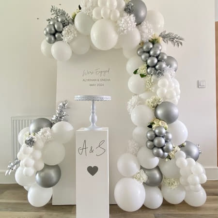 White and Silver Engagement Balloon Arch I Balloon Installations Ruislip I My Dream Party Shop