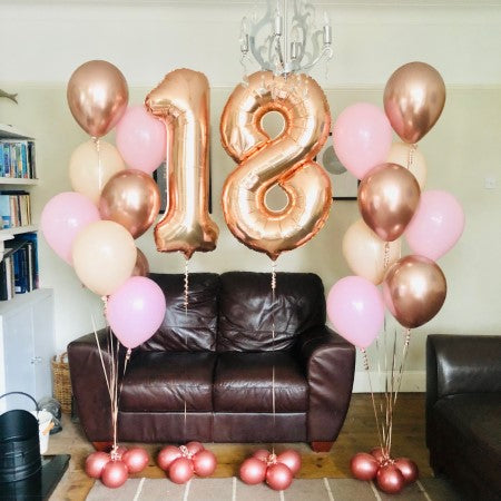 18th Birthday Rose Gold Numbers and Matching Clusters I Helium Balloons Ruislip I My Dream Party Shop