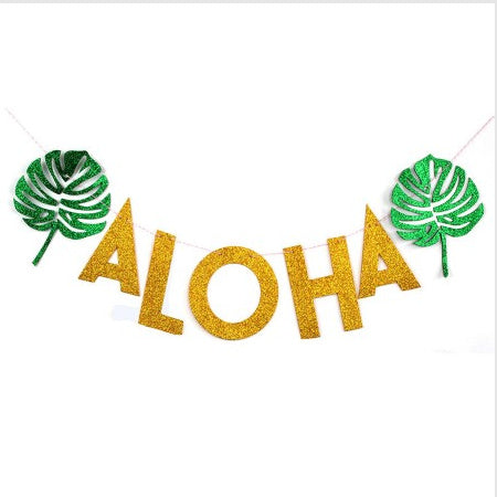  Gold Aloha Garland with Green Tropical Leaves I Hawaiian Party I My Dream Party Shop I UK