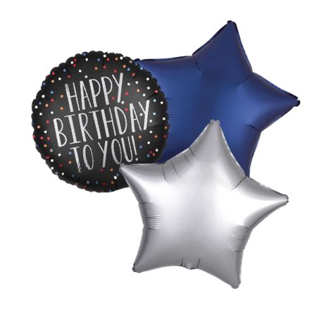 Black, Blue and Silver Happy Birthday Trio I Helium Balloons Ruislip I My Dream Party Shop