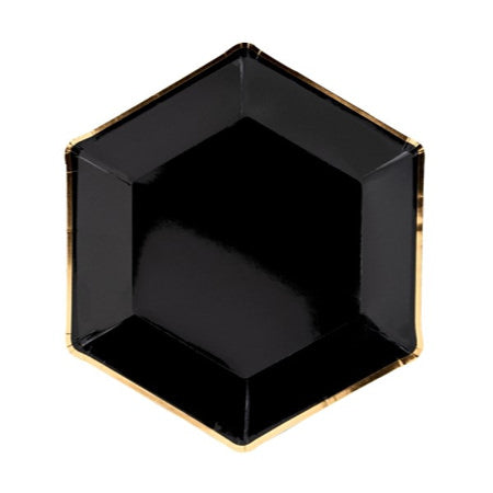 Large Black Hexagonal Plates with Gold Rim I Black and Gold Party Decoration UK