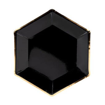 Large Black Hexagonal Plates with Gold Rim I Black and Gold Party Supplies I UK
