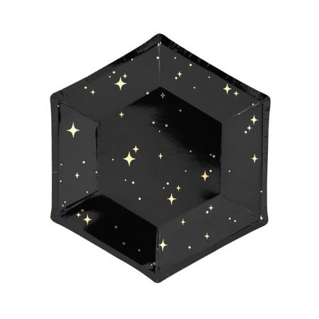 Black Hexagonal Paper Plates with Gold Stars - My Dream Party Shop