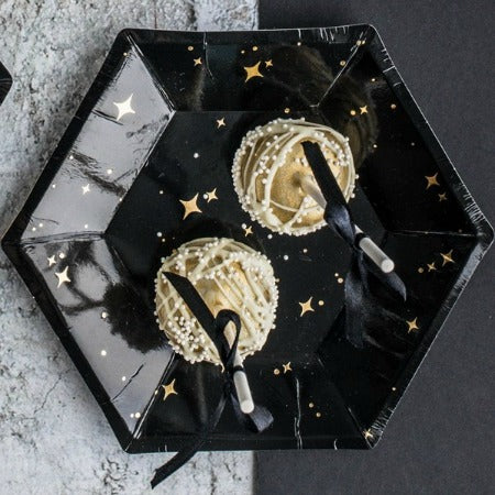 Black Hexagonal Paper Plates with Gold Stars - My Dream Party Shop