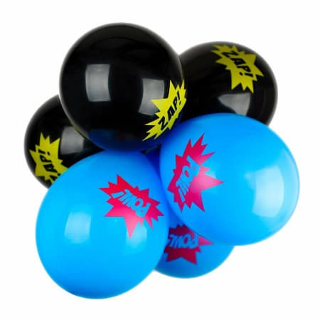 Black and Blue Retro Super Balloons With the Words Pow and Zap I Superhero Party Supplies UK