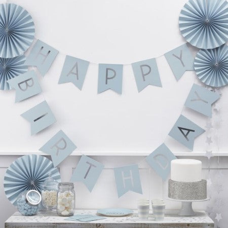 Blue and Silver Happy Birthday Garland I Modern Blue Party Decorations I UK