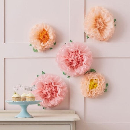 Peach and Pink Flower Pom Pom Decorations I Pink Party Decorations I My Dream Party Shop UK