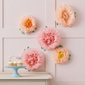 Peach and Pink Flower Pom Pom Decorations I Pink Party Decorations I My Dream Party Shop UK