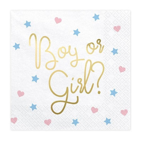 Close up of White Baby Shower Napkins with Boy or Girl? in Gold Foil I My Dream Party Shop I UK