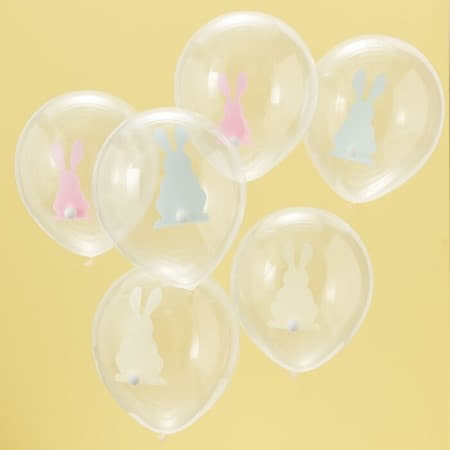 Clear Easter Bunny Balloons with Pom Poms I Easter Party Decorations UK