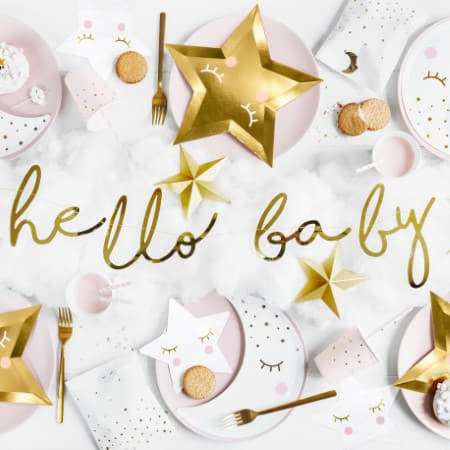 Gold Hello Baby Garland I Pretty Baby Shower Supplies I My Dream Party Shop UK