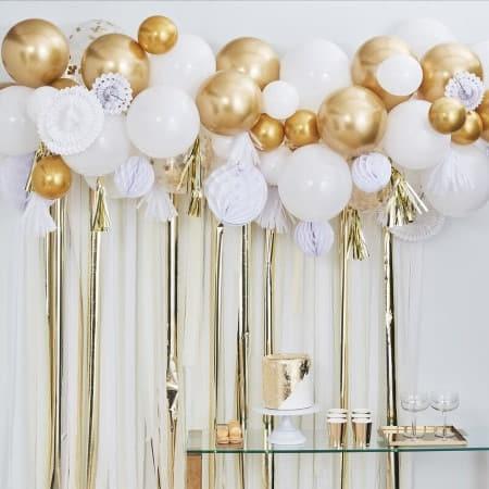 Gold and White Balloon and Fan Garland I Gold and White Decorations I My Dream Party Shop
