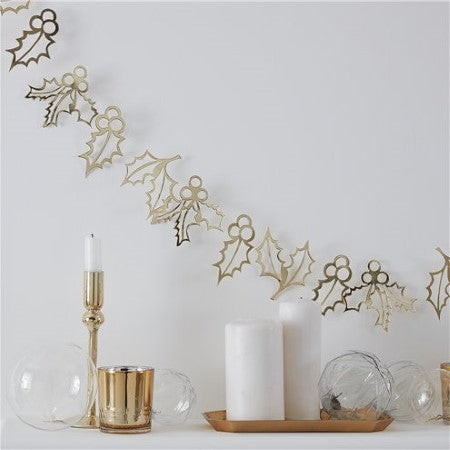 Gold Glitter Holly Garland I Modern Christmas Decorations UK