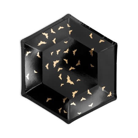 Black Treat or Trick Plates with Gold Bats I Halloween Party Supplies I UK