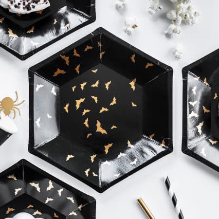 Halloween Black Plates with Gold Bats I Trick or Treat Halloween Party Collection I UK