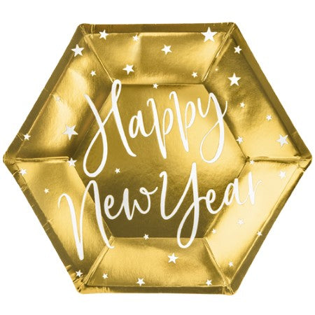 Hexagonal Gold Happy New Year Plates I New Year&#39;s Eve Party Supplies I My Dream Party Shop