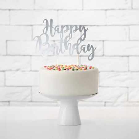 Silver Happy Birthday Cake Topper I Modern Silver Decorations I My Dream Party Shop I UK