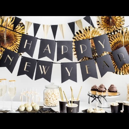 Black and Gold Happy New Year Garland I New Year&#39;s Eve Decorations I My Dream Party Shop UK