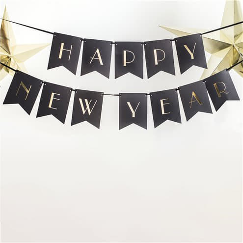 Black Happy New Year Banner with Gold Foil Wording I UK