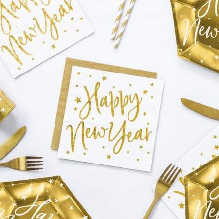White and Gold Foil Happy New Year Napkins I UK