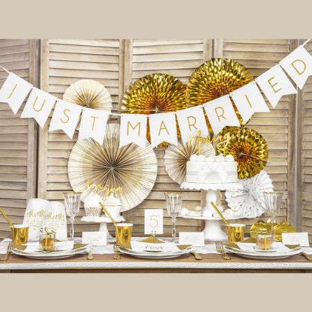 White and Gold Just Married Bunting I Modern Wedding Decorations I My Dream Party Shop