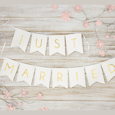 White and Gold Just Married Bunting I Modern Wedding Decorations I My Dream Party Shop