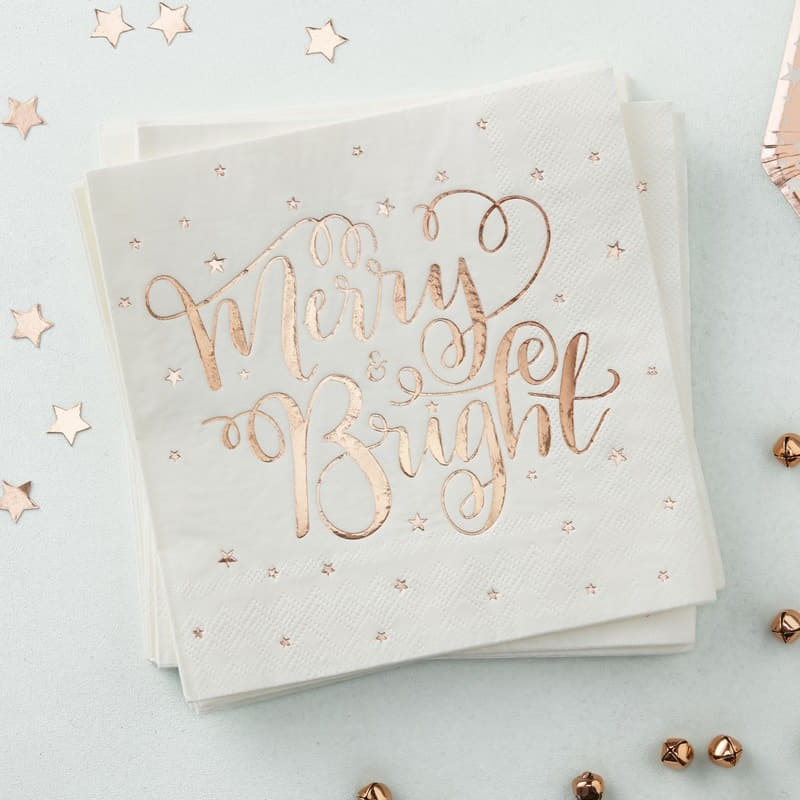 Merry and Bright Rose Gold Christmas Napkins I Christmas Party Tableware I UK