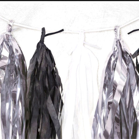 Metallic Silver, Black &amp; White Tassel Garland I Black and White Party I My Dream Party Shop UK