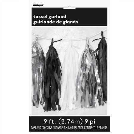 Metallic Silver, Black & White Tassel Garland 9ft Monochrome - My Dream Party Shop