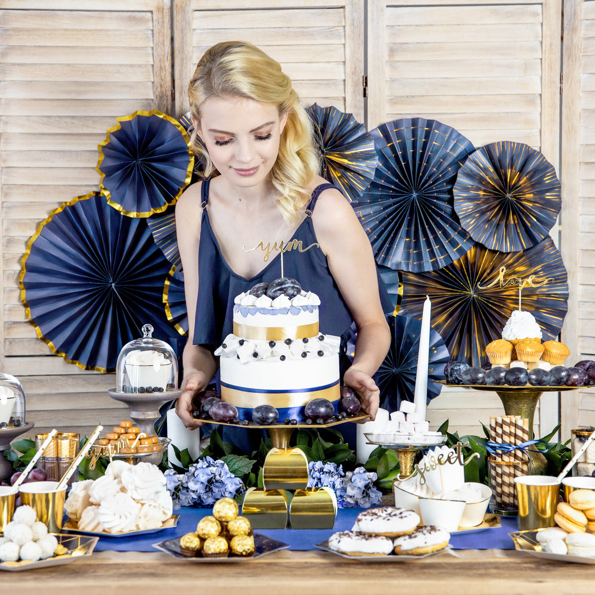 Navy and Gold Splatter Rosette Fans I My Dream Party Shop I UK