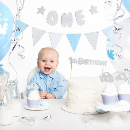 Blue and Silver Glitter Bunting I 1st Birthday Party I My Dream Party Shop