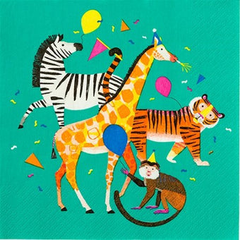 Party Animals Napkins I Stunning Animal Design featuring a Zebra, Giraffe, Tiger and Monkey I UK