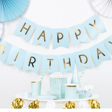 Pastel Blue and Gold Happy Birthday Bunting I Pastel Blue Party Decorations I My Dream Party Shop UK