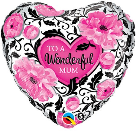 Pink and Black Damask Mother's Day Heart Balloon I Helium Balloons Ruislip I My Dream Party Shop