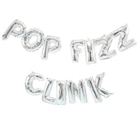 Pop Fizz Clink Silver Balloon Bunting I Silver Party Balloons I My Dream Party Shop I UK