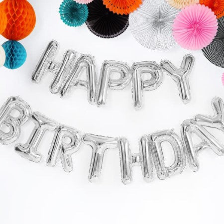 Silver Happy Birthday Balloon Bunting I Word and Phrase Balloons I My Dream Party Shop UK