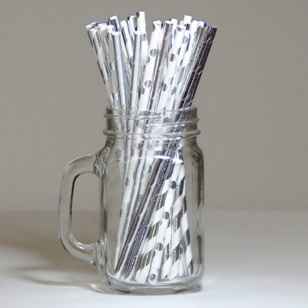 Silver and White Striped Straws I Modern Silver Party Tableware I My Dream Party Shop I UK