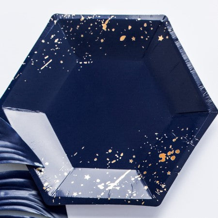 Small Navy Hexagonal Party Plates with Splattered Gold Pattern I My Dream Party Shop UK