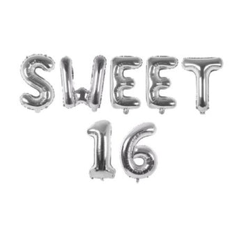 Sweet 16 Silver Foil Phrase Bunting Balloons I Sweet 16 Themed Birthday Party Decorations & Tableware I My Dream Party Shop I UK