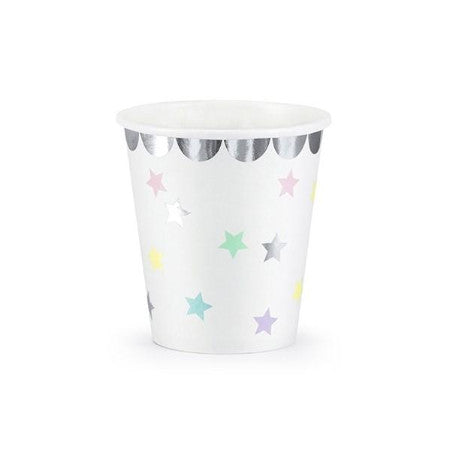 White Cups with Pastel Stars and Silver Border - My Dream Party Shop