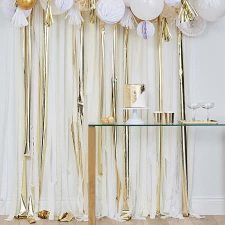 White, Cream and Gold Streamer Backdrop I Modern Party Backdrops I My Dream Party Shop UK
