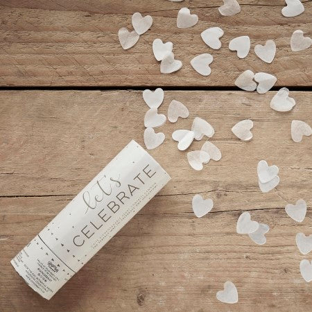 Let&#39;s Celebrate White Heart Confetti Cannon I Wedding Decorations I My Dream Party Shop UK