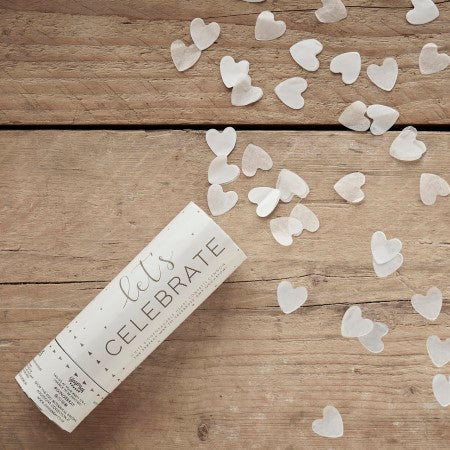 Let's Celebrate White Heart Confetti Cannon I Wedding Decorations I My Dream Party Shop UK
