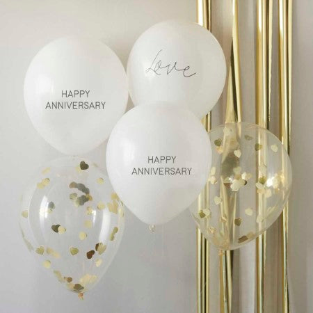 White and Gold Confetti Happy Anniversary Balloons I Anniversary Party Decorations I My Dream Party Shop UK