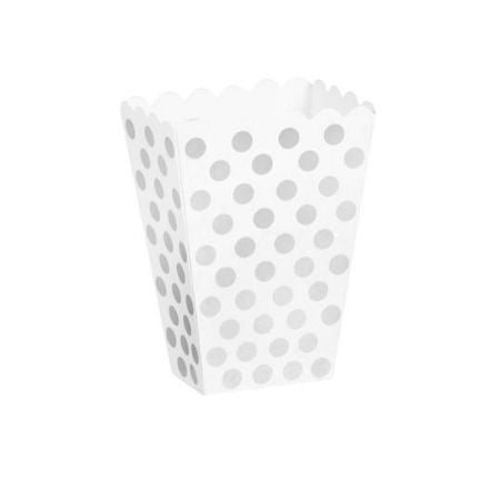 White and Silver Polka Dot Popcorn Boxes I Silver Party Tableware I My Dream Party Shop UK